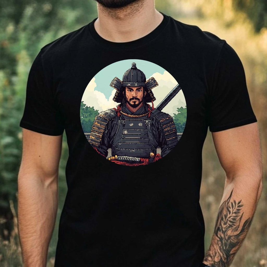 Men's Samurai in Pixel Style Motif Cotton T-Shirt Size XS to 5XL