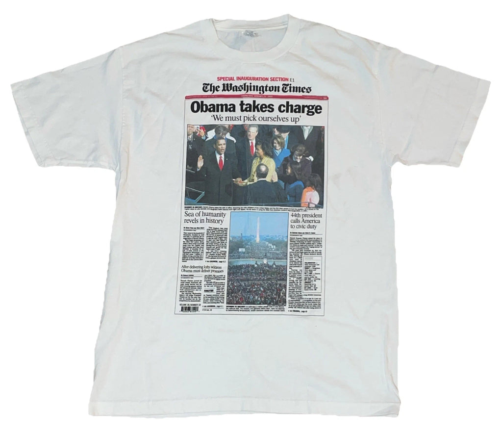 Y2K Obama Washington Times Newspaper Cover White Cotton T-Shirt Mens Large