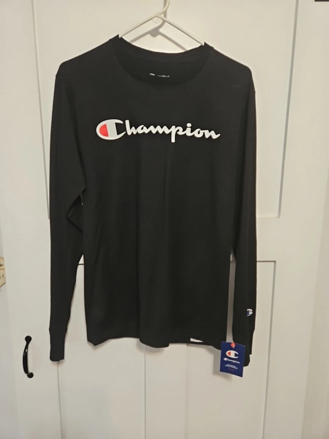 Champion Athleticwear Long Sleeve Spell Out T-Shirt Men's S Black Crew Neck NEW
