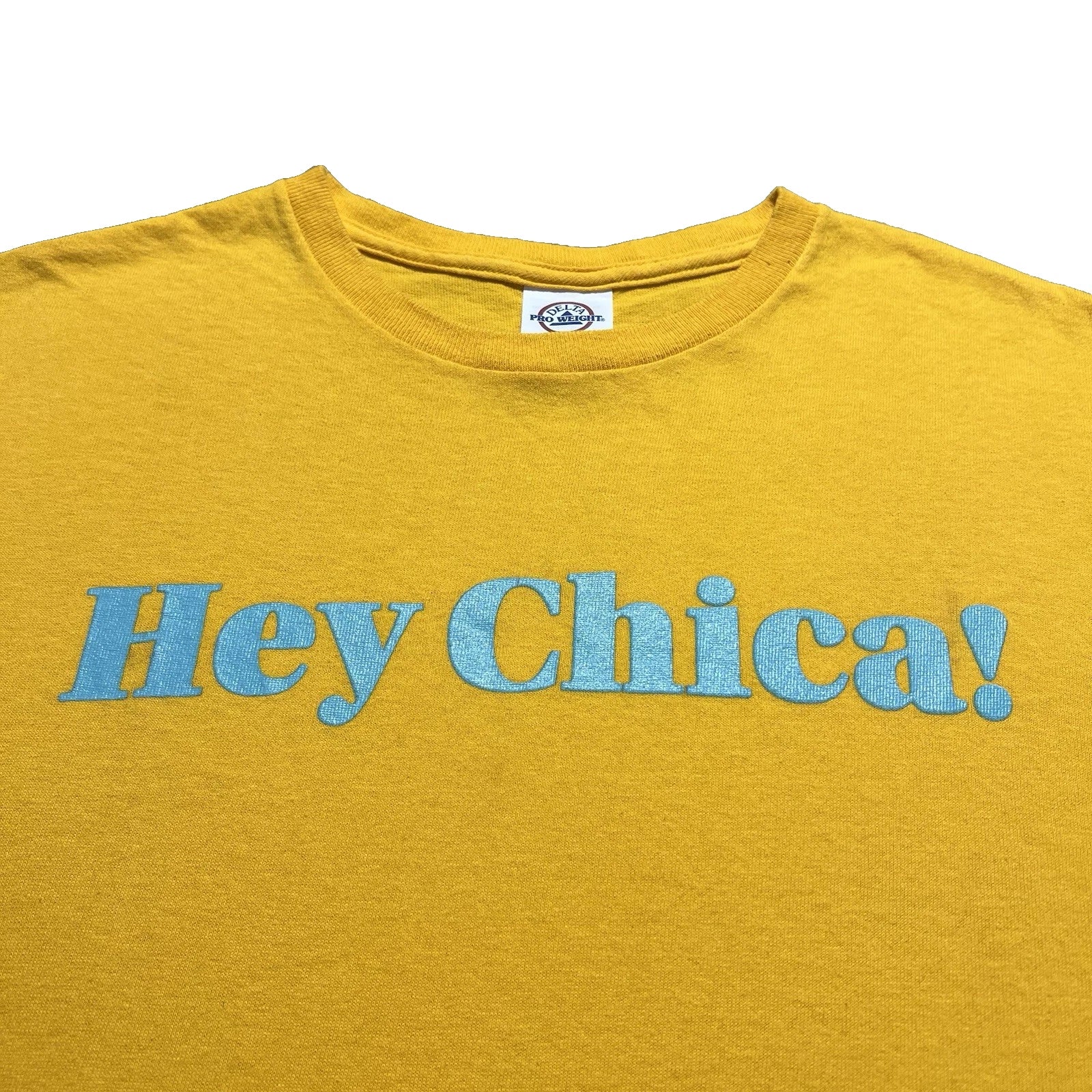 Delta Pro Weight Hey Chica Vintage Y2K T Shirt Mens Large Yellow Graphic Tee