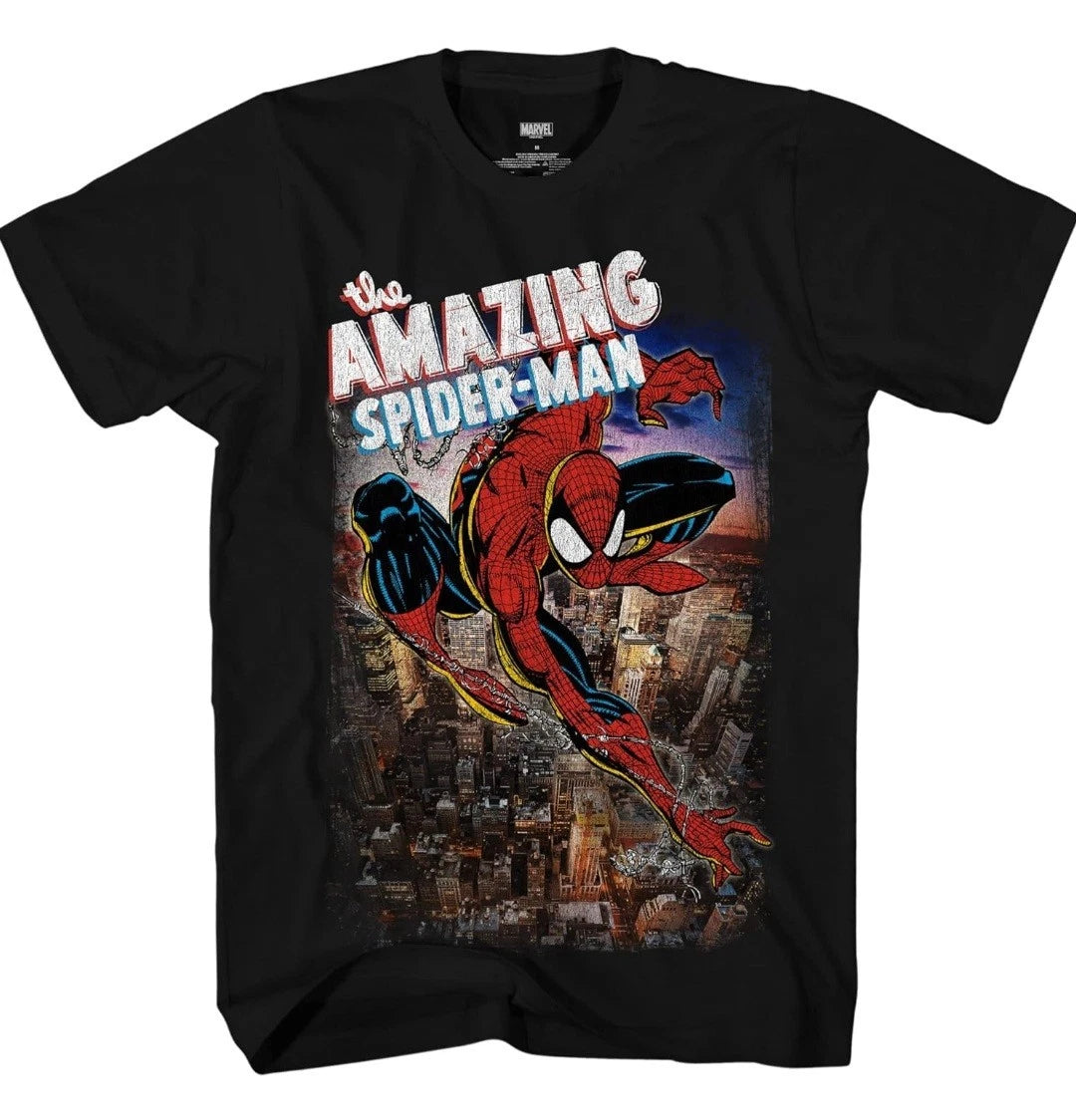 Spider-Man New Adult T-Shirt - Amazing Flying Above the City Below-2XL