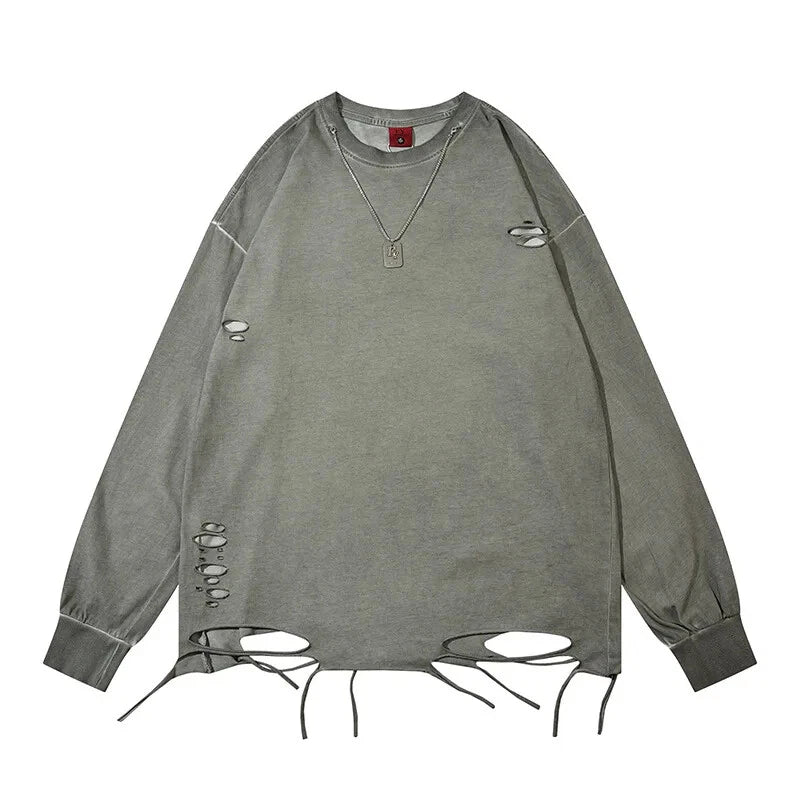 Men Ripped Hole Long Sleeve T Shirt Men High Street Washed Casual Vintage Tops