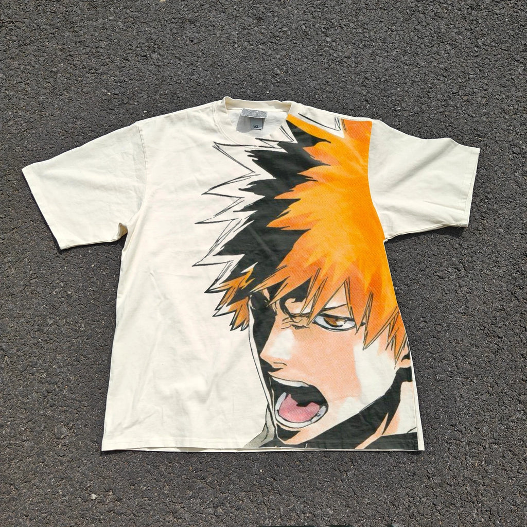 Bleach Anime Ichigo Kurosaki Graphic Vintage Wash Heavyweight Cotton T-Shirt