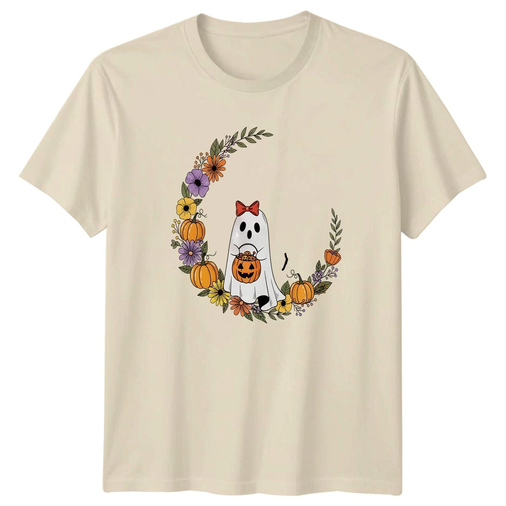 Cute Ghost Girl Halloween Pumpkin Womens T-Shirt Autumn Floral Halloween Gift