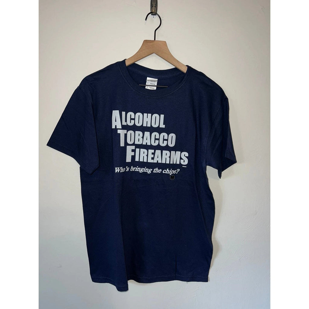 Y2K ATF Alcohol Tobacco Firearms Blue Graphic Humor Joke Shirt M Medium