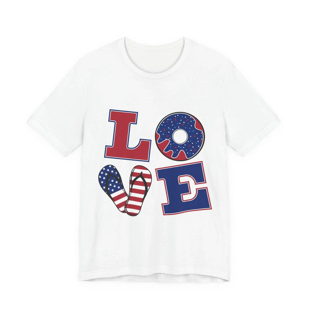 Patriotic LOVE graphic Tee | American flag donut and flip flop design