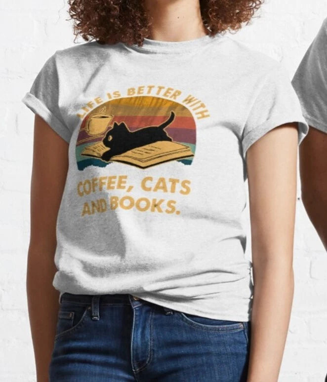 Life Is Better With Coffee Cat And Books T shirt - Cat Dad Mom - Premium Cotton