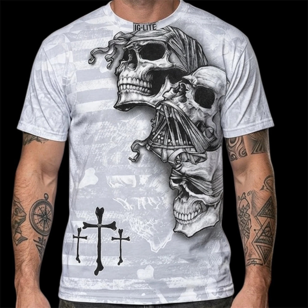Rare MMA ELITE White Black Skulls Cross Short Sleeve  Y2K MENS T-shirt 2XL NWT