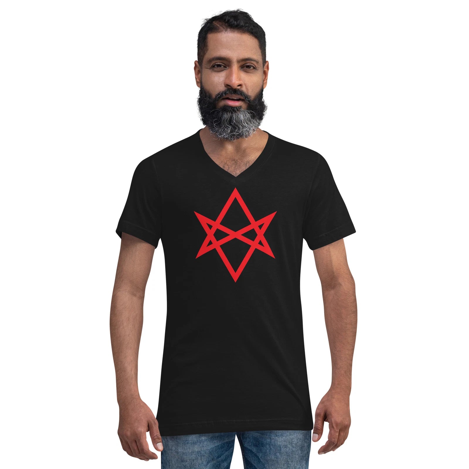 Red Unicursal Hexagram Six Pointed Star Unisex Short Sleeve V-Neck T-Shirt