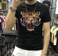 New Men Luxury Tiger Rhinestones Fashion Black White T-Shirt High Quality