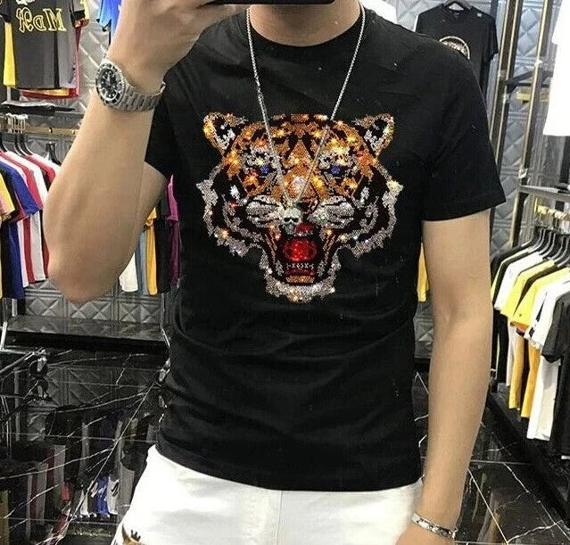 New Men Luxury Tiger Rhinestones Fashion Black White T-Shirt High Quality