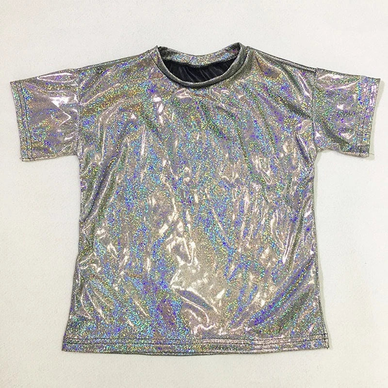 1x Unisex Shiny Holographic Shirt Top Tee Dance Disco Costume Glitter Shirt Top