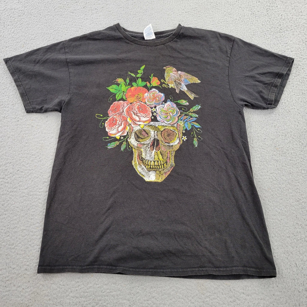 Skull Rose Bird Y2K Shirt Mens Large Black Artsy Poetic Graphic Short Sleeve