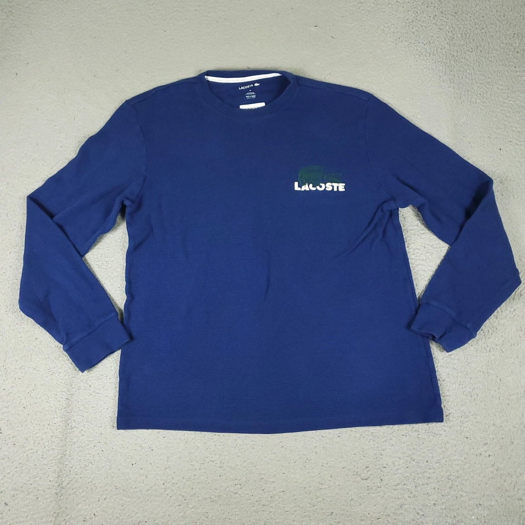 Lacoste T Shirt Mens Large Blue Thermal Pony Waffle Knit Long Sleeve *FADED*
