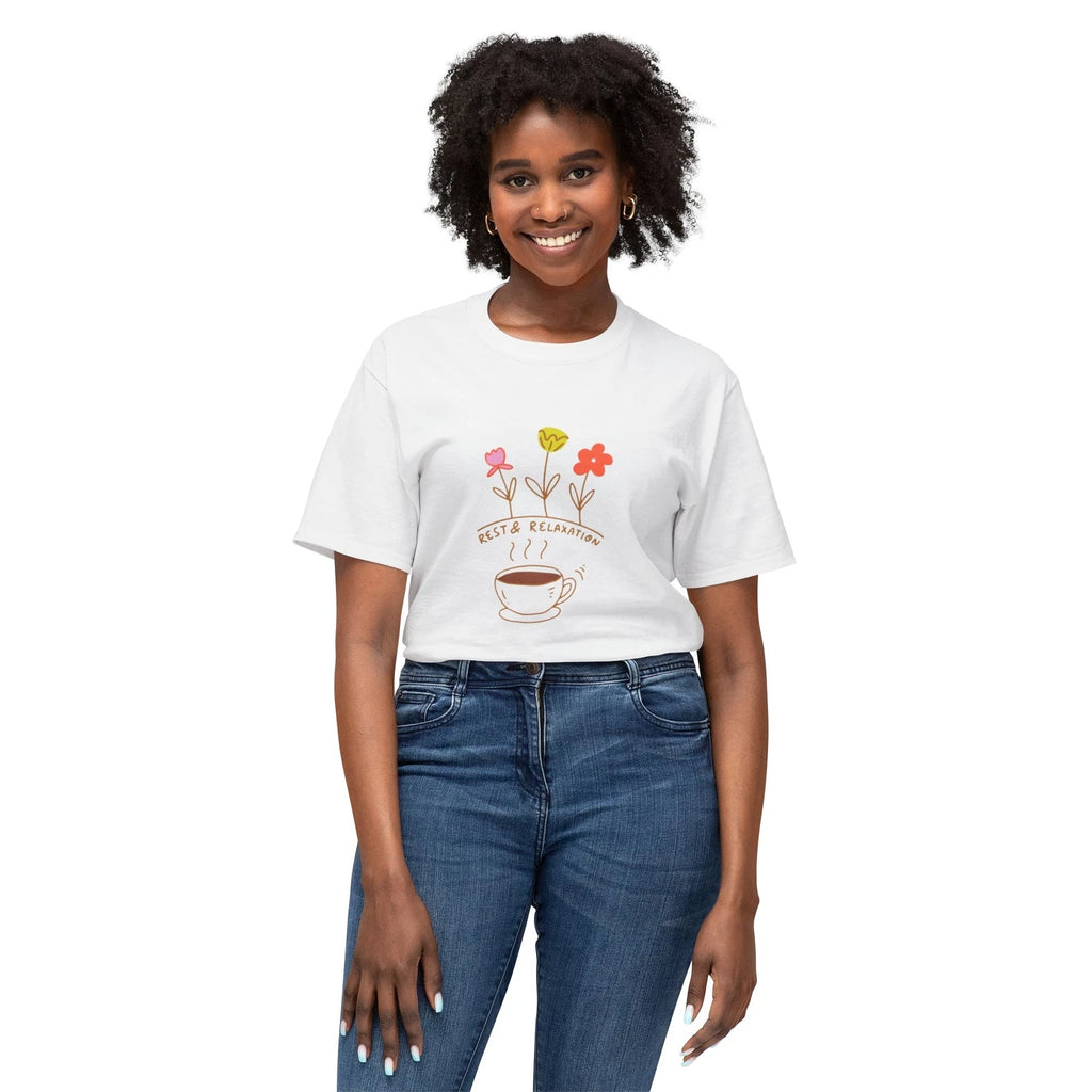 Unisex Rest and Relaxation Coffee Flowers White Grey Pink Cotton T-shirt