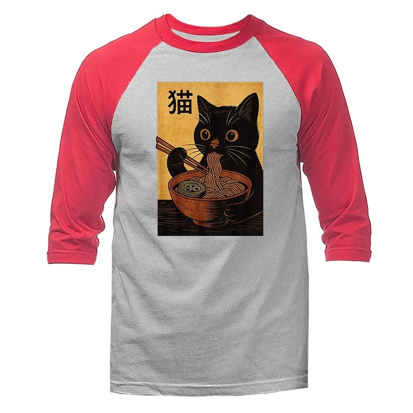 Cat Ramen Noodle Japanese Anime Manga Kawaii Cat Humorous 3/4 Sleeve Raglan