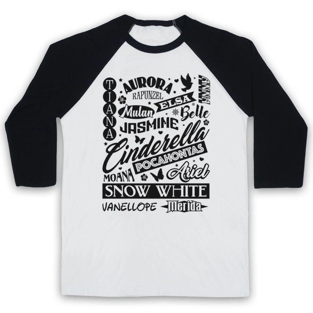 CARTOON PRINCESS NAMES TYPOGRAPHY FILM PRINCESSES 3/4 SLEEVE BASEBALL TEE