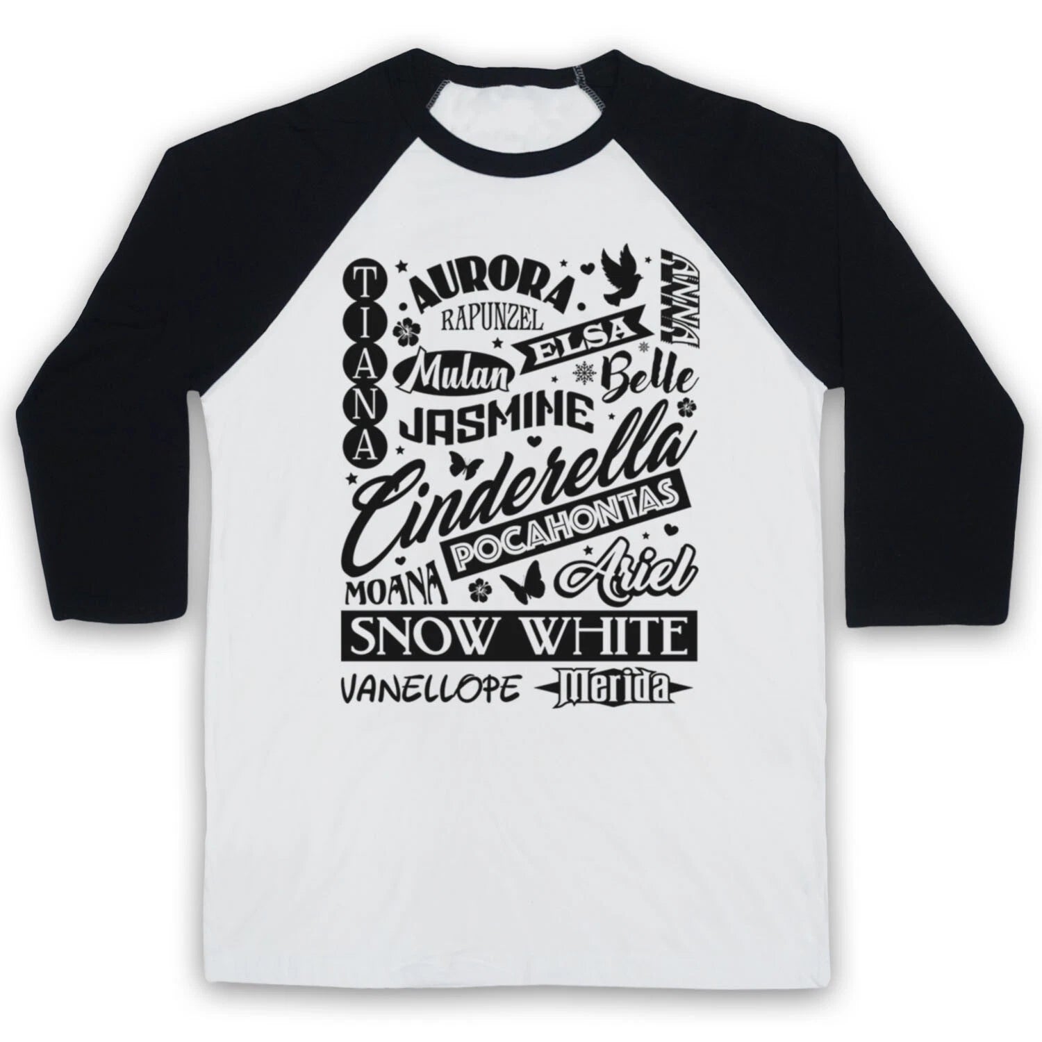 CARTOON PRINCESS NAMES TYPOGRAPHY FILM PRINCESSES 3/4 SLEEVE BASEBALL TEE