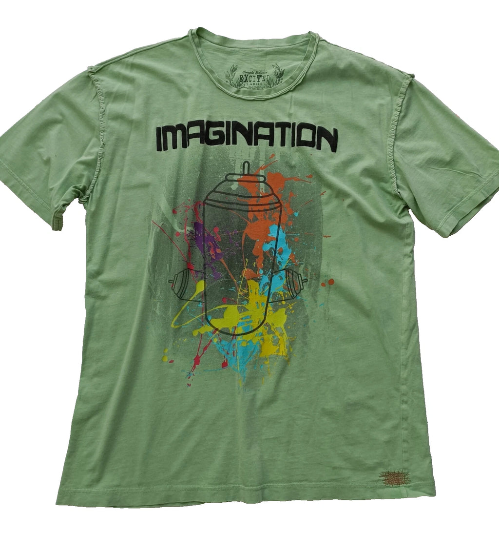 EXCITED T-SHIRT Size L - COOL DISTRESSED DESIGN Spray Can HOLES FRAYS REPAIRS