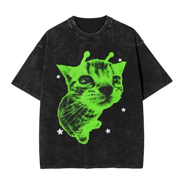 Alien Cat Funny Green Aesthetic Graphic T shirt
