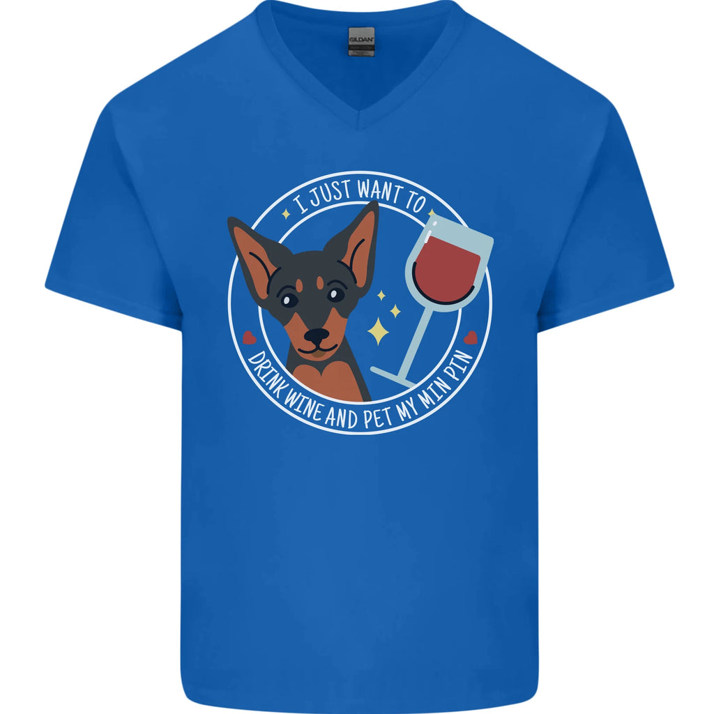 Wine With My Min Pin Dog Miniature Pinscher Mens V-Neck Cotton T-Shirt