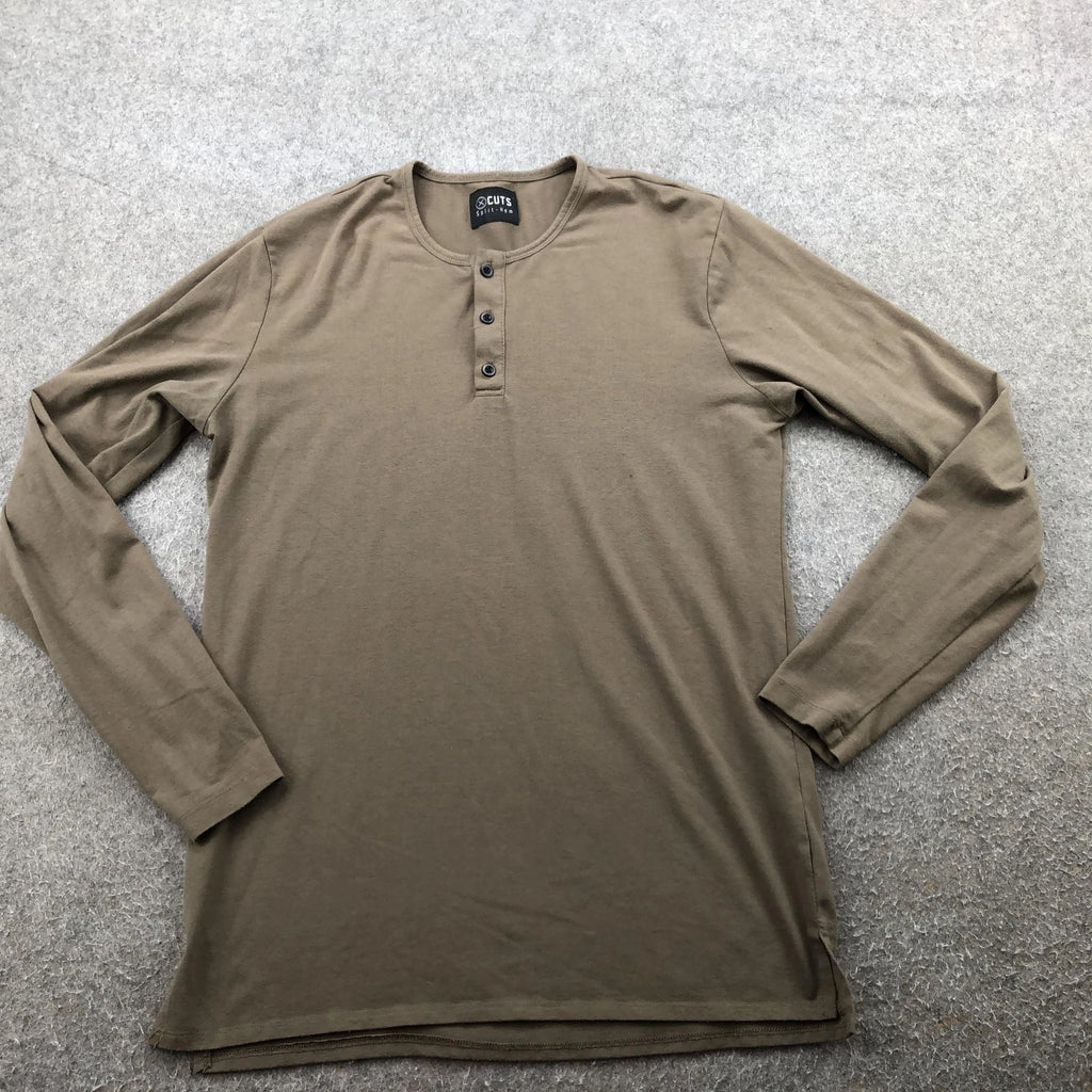 Cuts Shirt Mens Medium Brown Long Sleeve Split Hem Henley Tee Casual Top