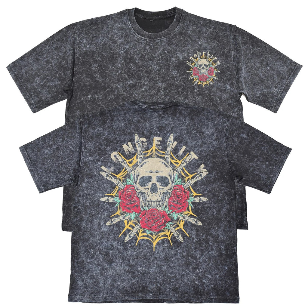 Longevity Mens Carbon Grey Heavyweight 240gsm Vintage T-Shirt Skull Gift