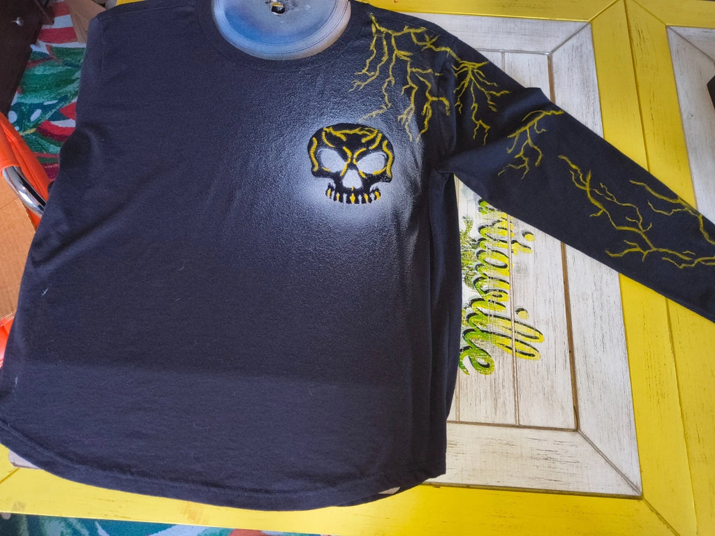 Skull, Lightning, Gothic themed hand-painted T-Shirt