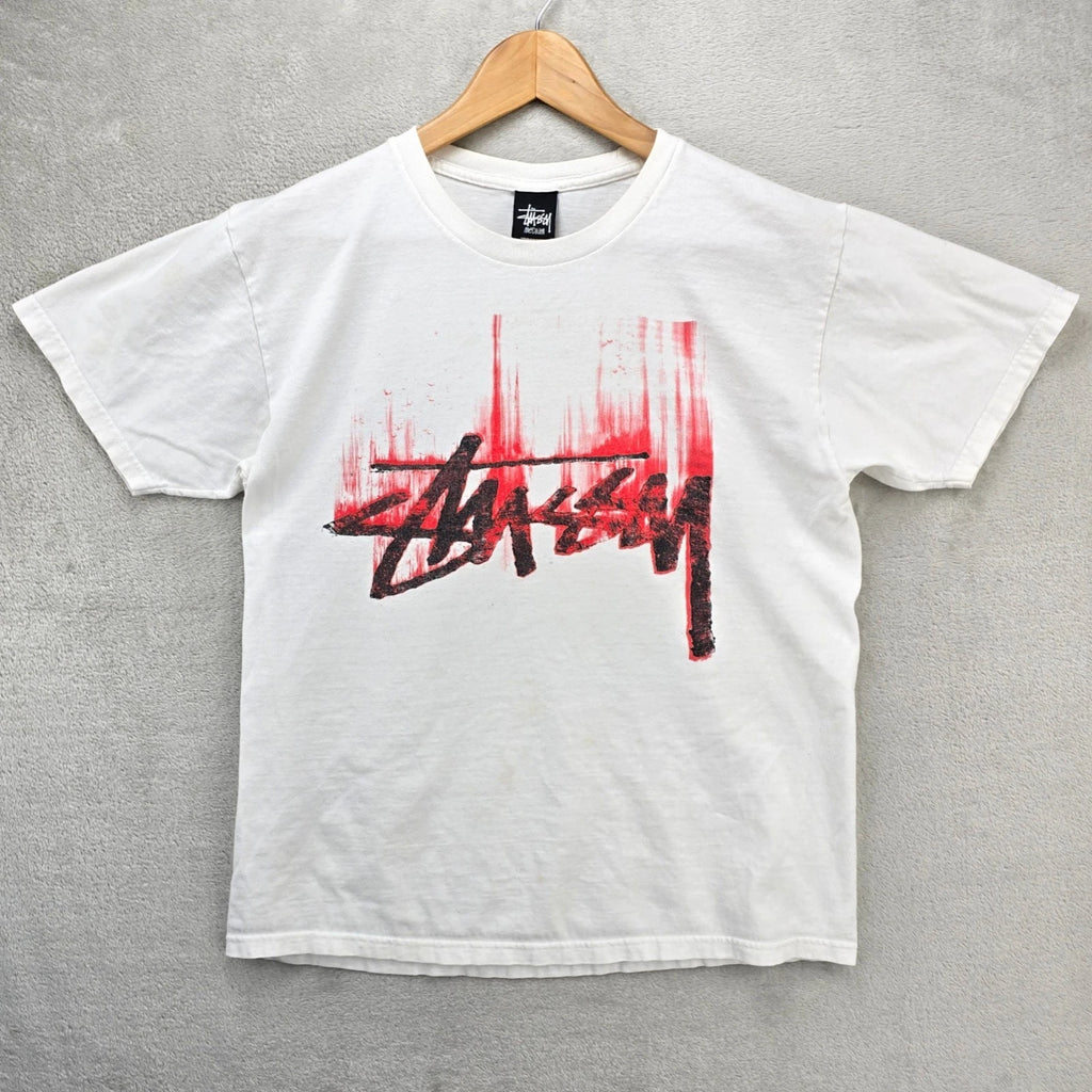 Vintage Stussy Painy Smear Spellout Logo Shirt Mens Medium White Y2K Streetwear
