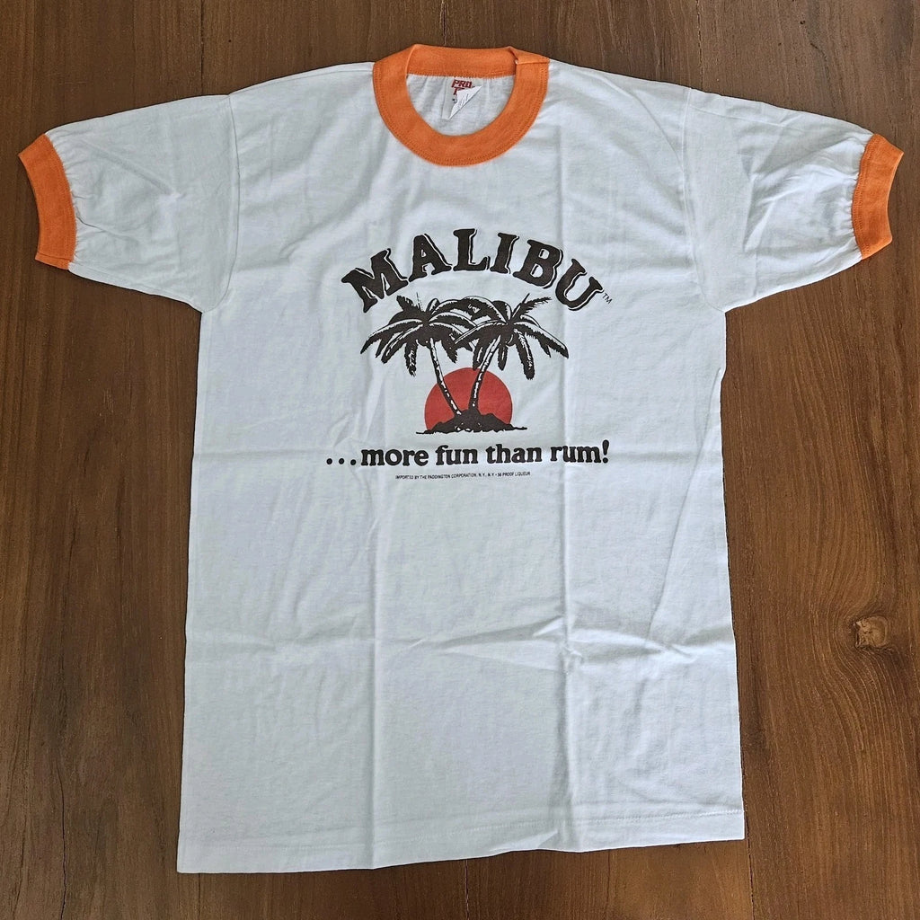 Rare Medium 80s Vintage Malibu Rum Ringer Tee T Shirt Alcohol Beer Promo VTG Med