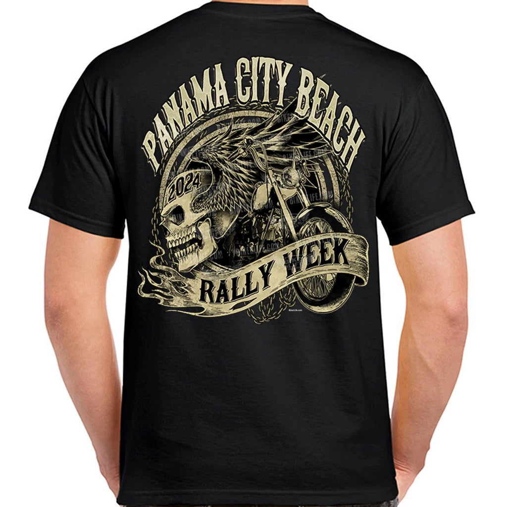 2024 Panama City Beach Rally Week Grunge & Chains Skull Wing T-Shirt