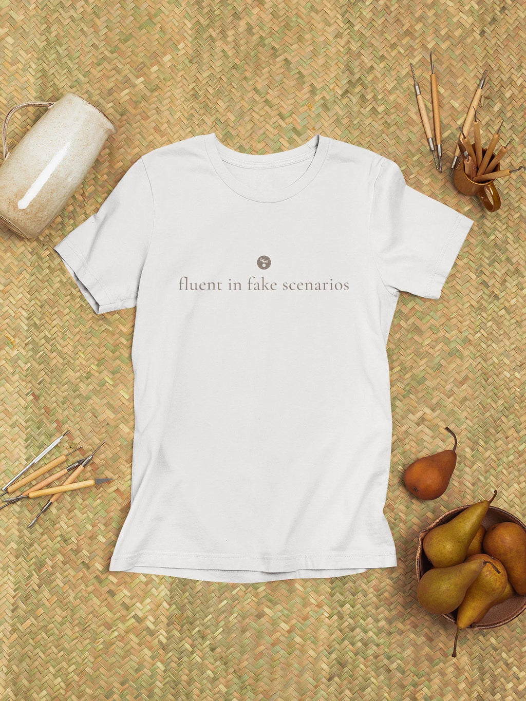 fluent in fake scenarios Tee | minimalist text shirt