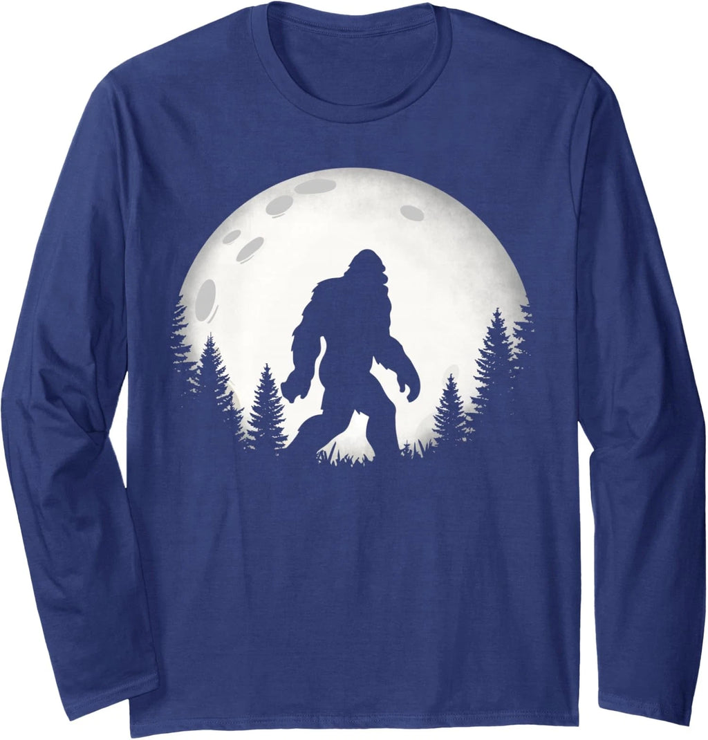 Funny Bigfoot Hiking Walking Moon Forest Trees Long Sleeve T-Shirt