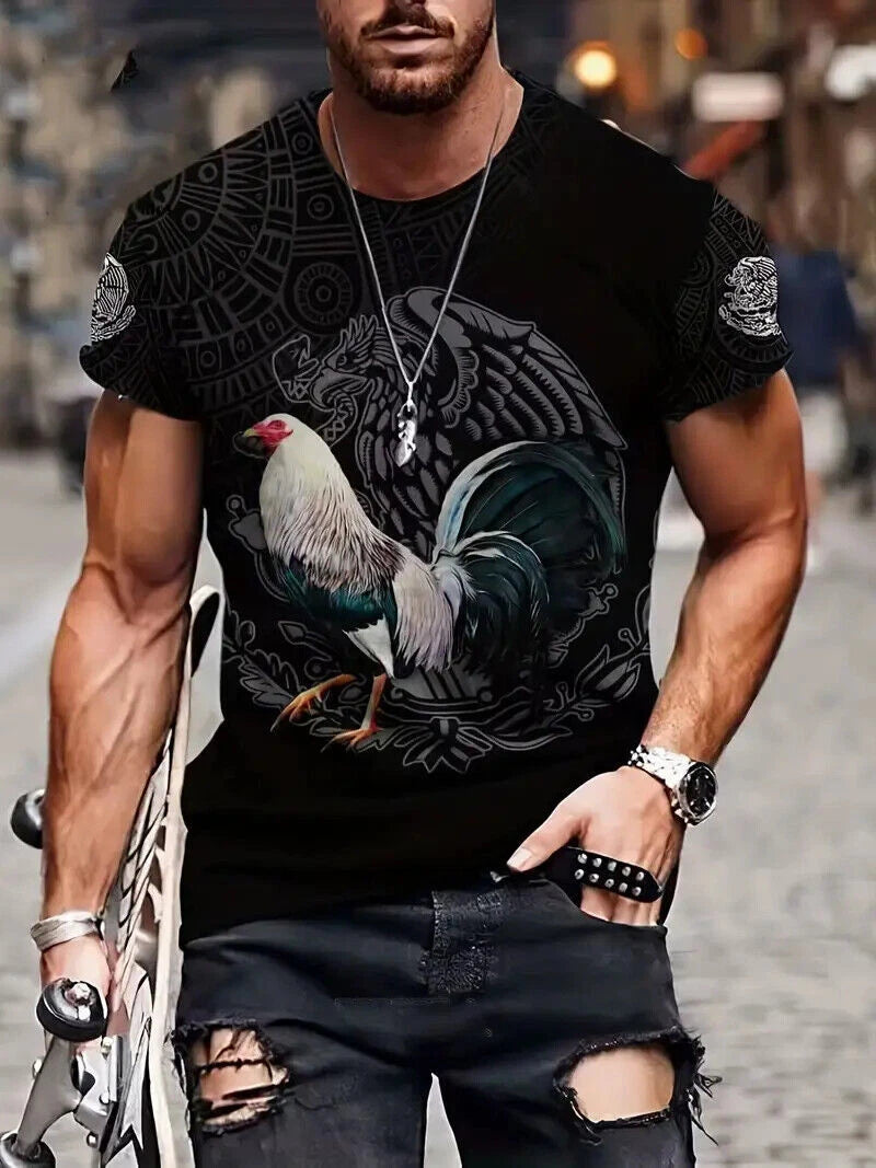 T Shirt Rooster Graphic Chicken Mexican Aztec Black Eagle Men Fashion Streetwear