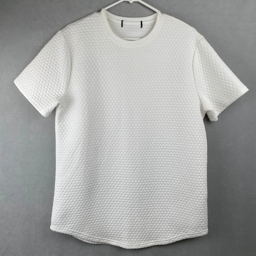 Forever 21 White Honeycomb Quilted Short Sleeve Crewneck Curved Hem Top Mens M/L