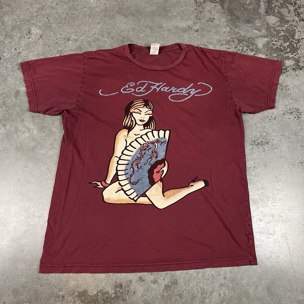 Ed Hardy T Shirt Mens Large Burgandy Y2K Grunge Sexy Lady Distressed Preowned