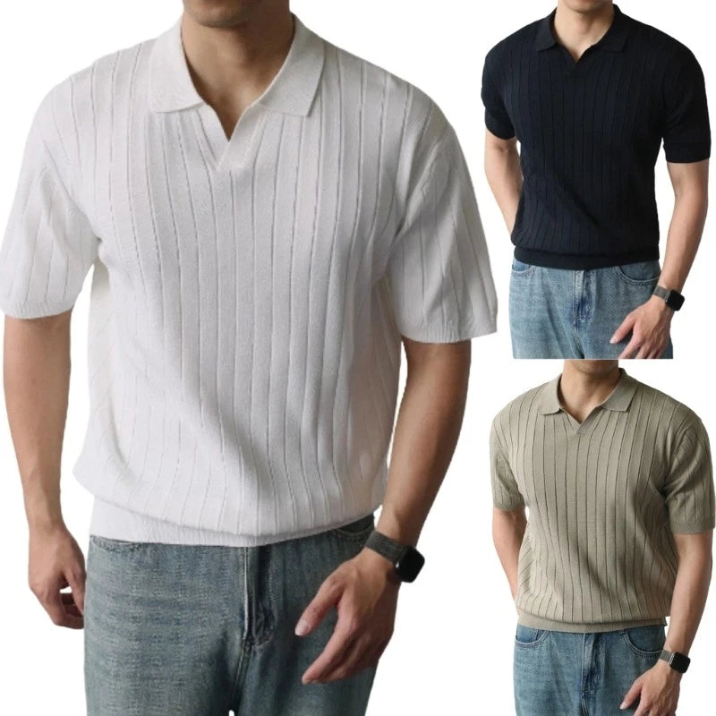 Modern Men Regular Fit Lapel Shirt Short Sleeve V Neck Knit Textured Golf Shirt