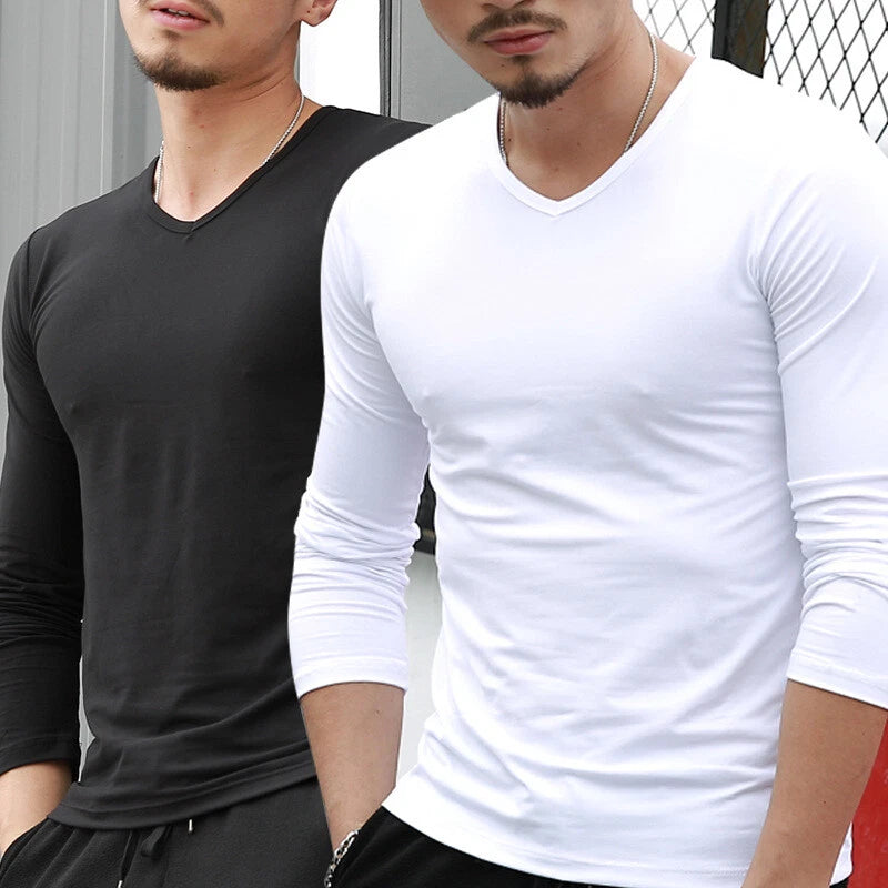 Men's Spring Fashion Solid Color V-neck Casual Long Sleeve Solid T-shirt Top