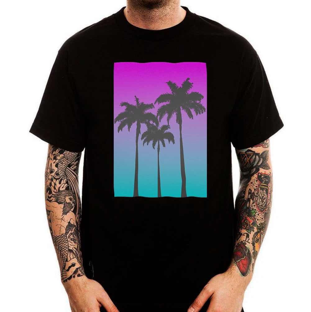 Miami Retro Beach Palms Vaporwave Aesthetics Black Cotton Men's T-shirt Top Tee