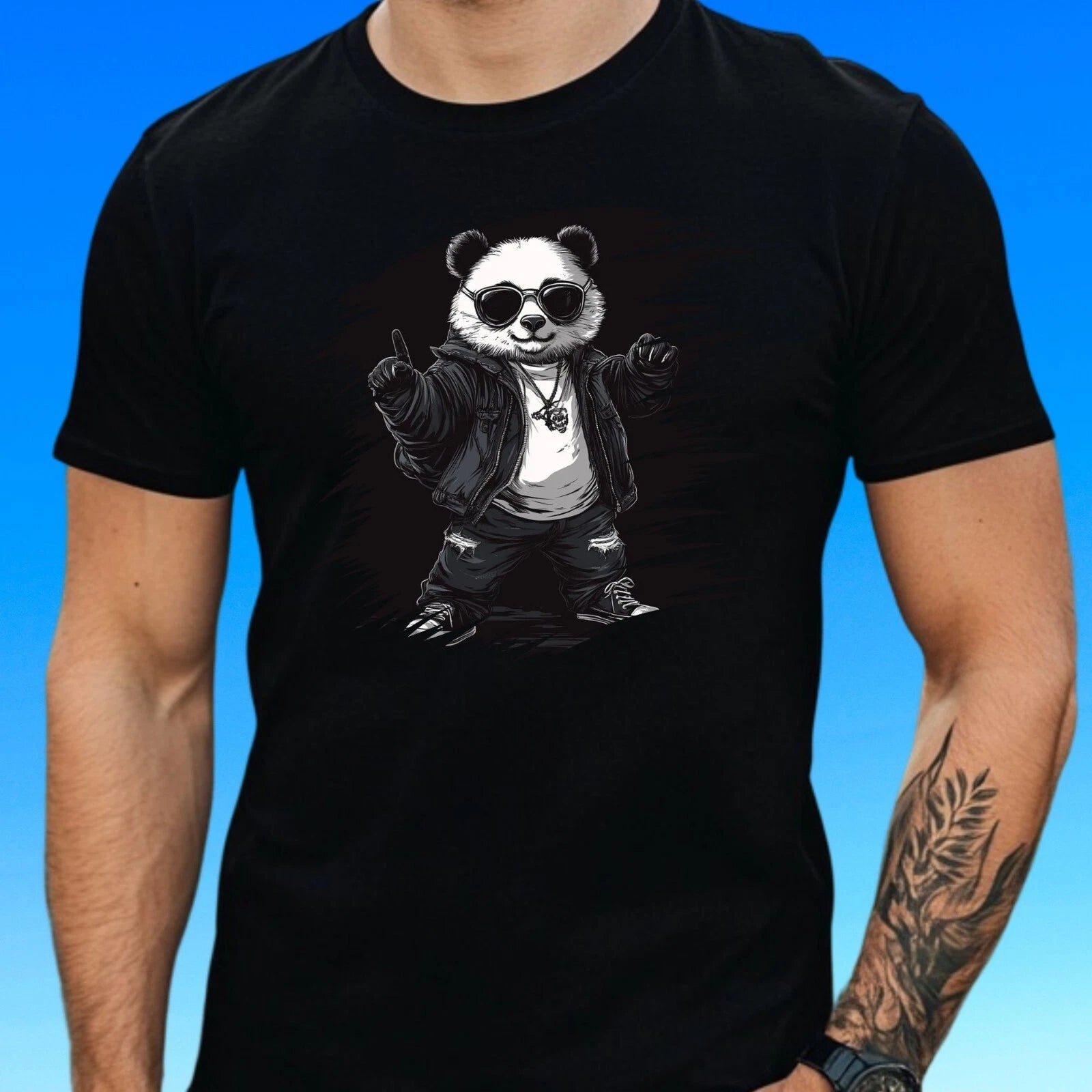 Mens Retro Panda Rock Music Theme Cotton T-Shirt Size XS to 5XL