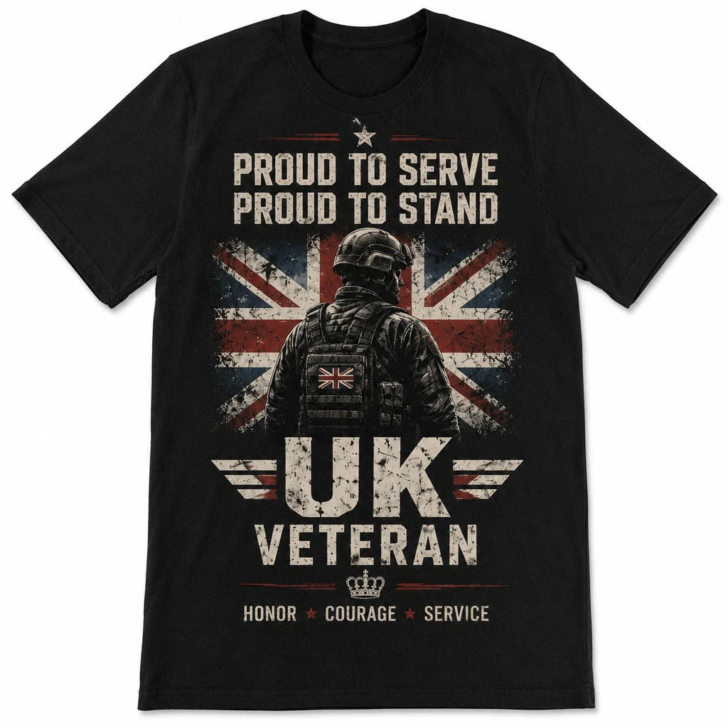 UK Veteran T-Shirt Proud To Serve British Military Soldier Union Jack Tee