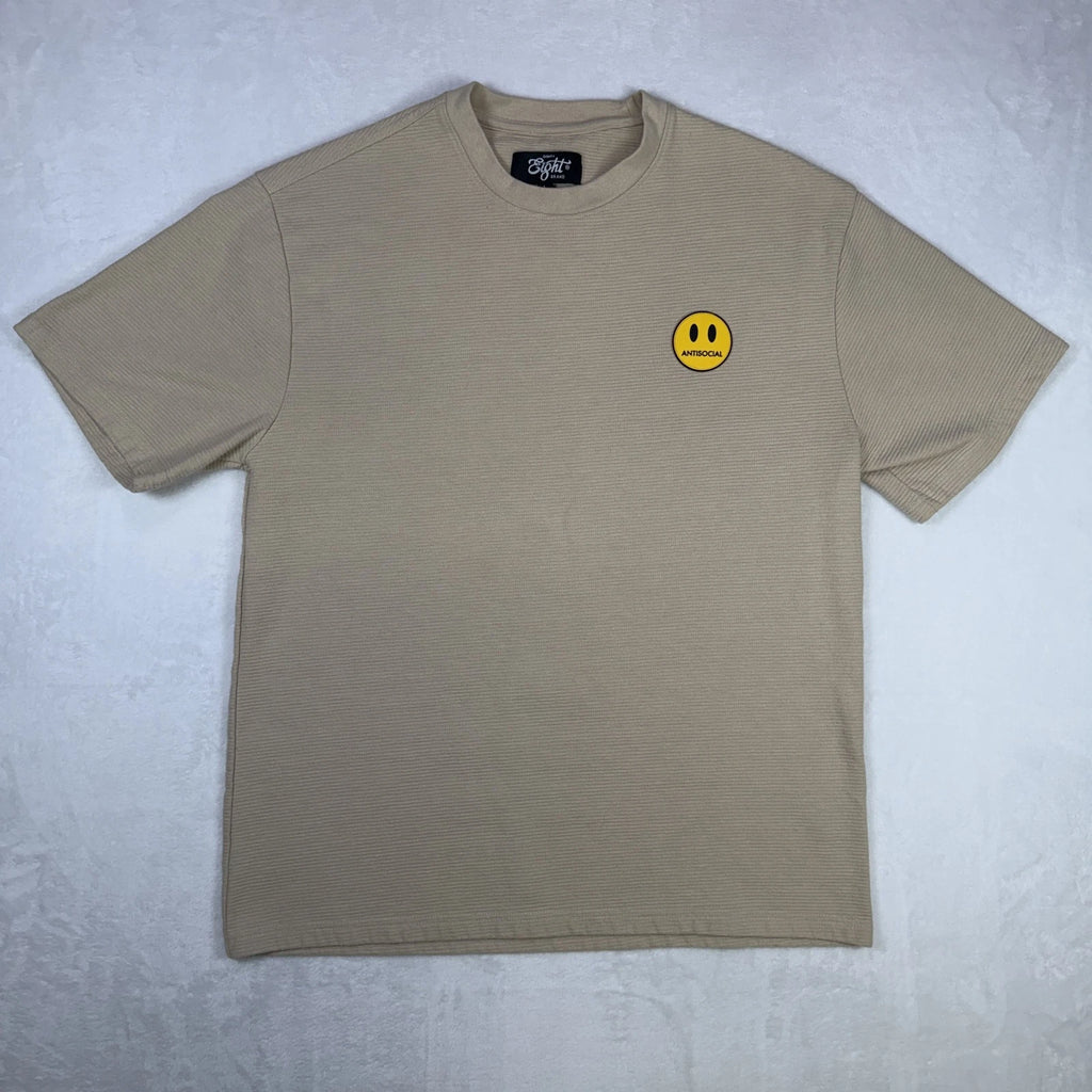 Eighty Eight Brand Men's Ribbed T-Shirt Size Large Beige Antisocial Smiley Patch