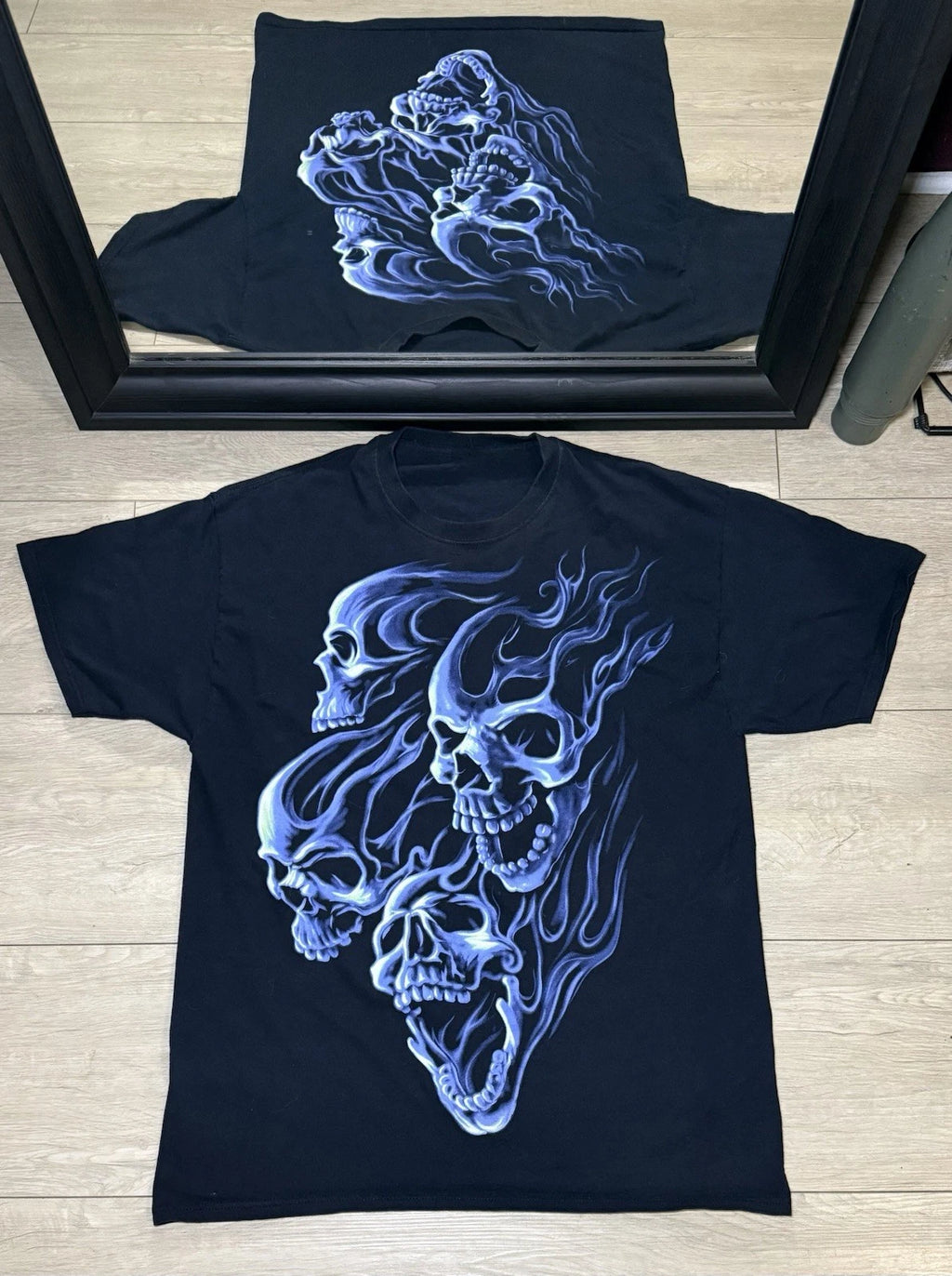 Y2K 2000s Blue Flaming Skulls Shirt