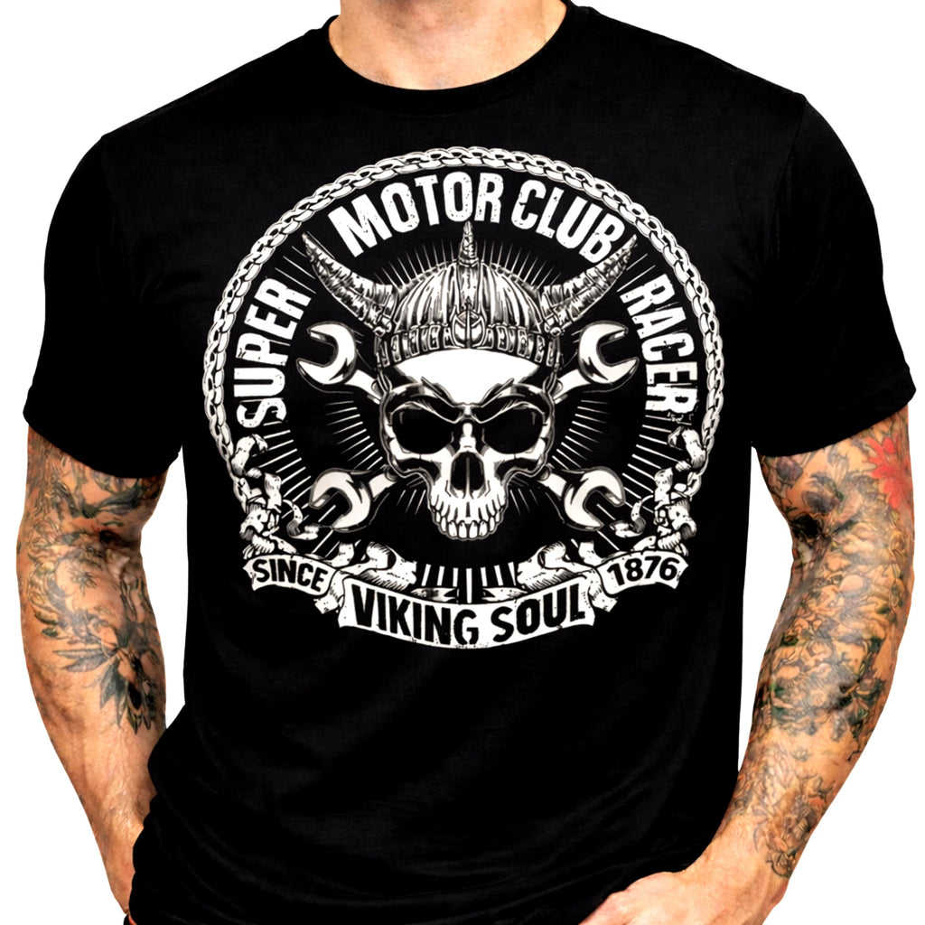 Biker Skull T Shirt Viking Motor Club Graphic Tee Motorcycle Rider Dad Gift
