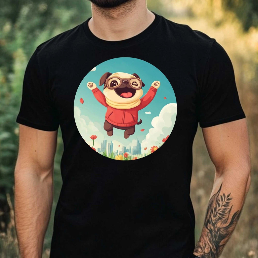 Mens Happy Pug Motif Cotton T-Shirt Size XS to 5XL