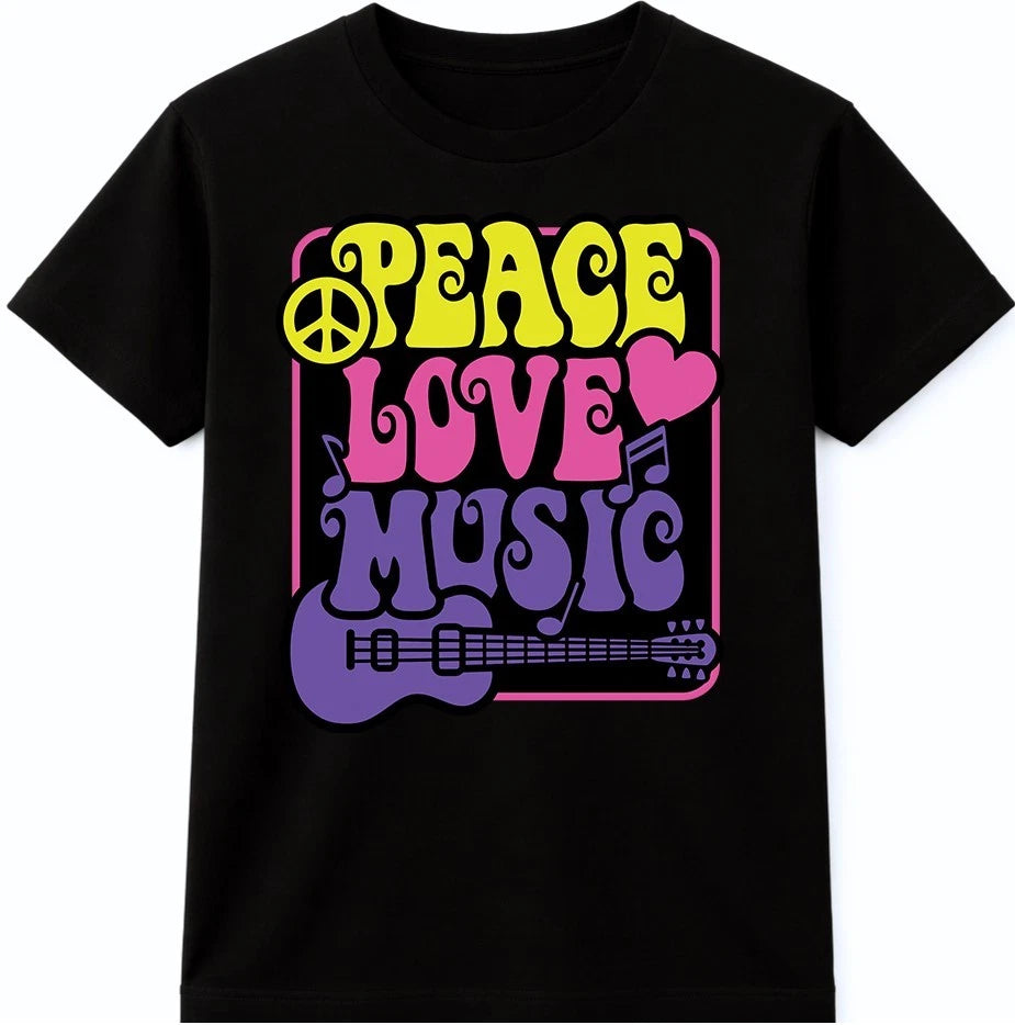 Peace Love Music T-Shirt Retro Guitar Graphic Hippie Style Tee