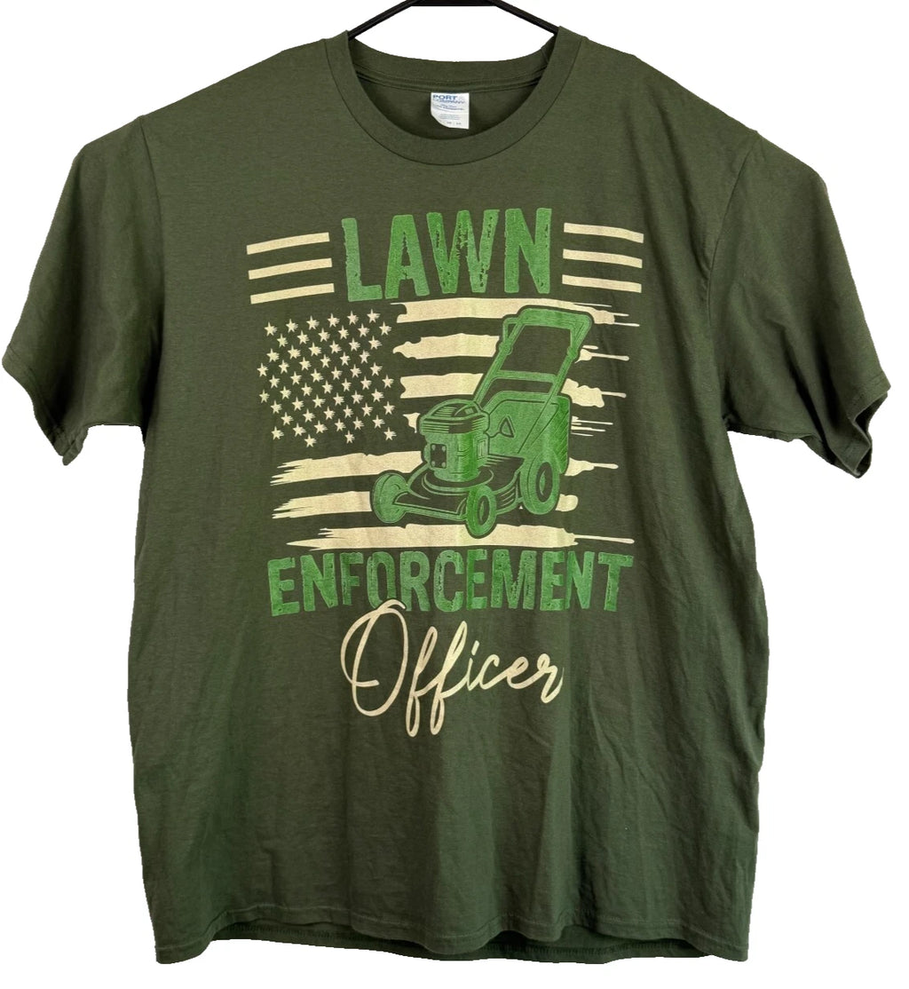 Lawn Enforcement Officer Funny Humorous Green Short Sleeve Dad T-Shirt Sz XL