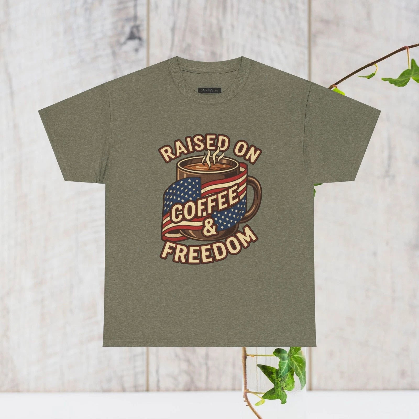 Raised on Coffee & Freedom Graphic T-Shirt Patriotic Cotton Tee for Men