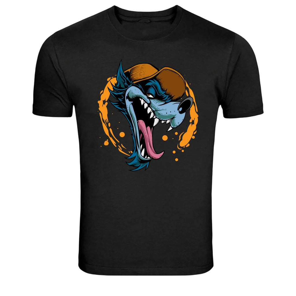 Crazy Wolf Head With Cap Cartoon Graphic T-Shirt