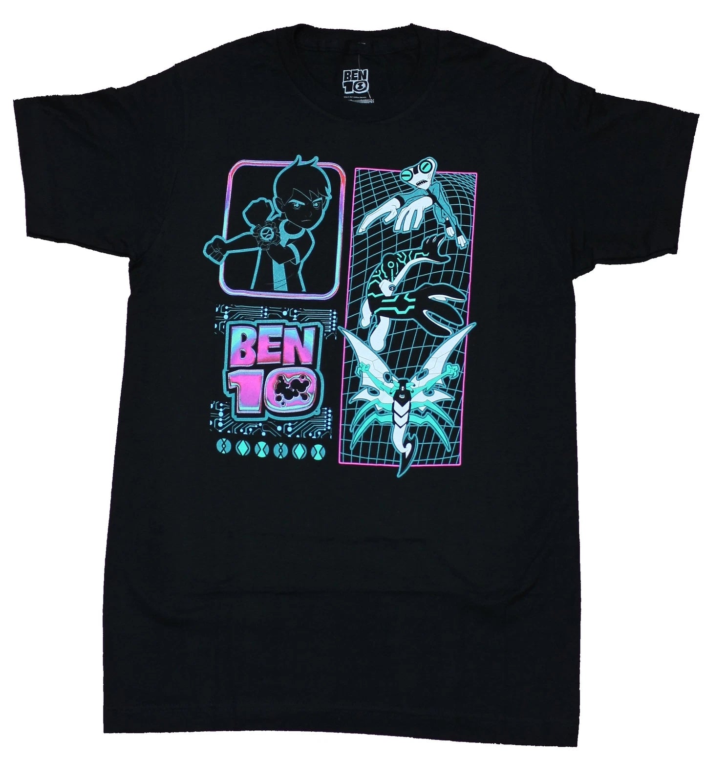 Ben 10 Adult New T-Shirt - Alien Transformations Over Grid Logo